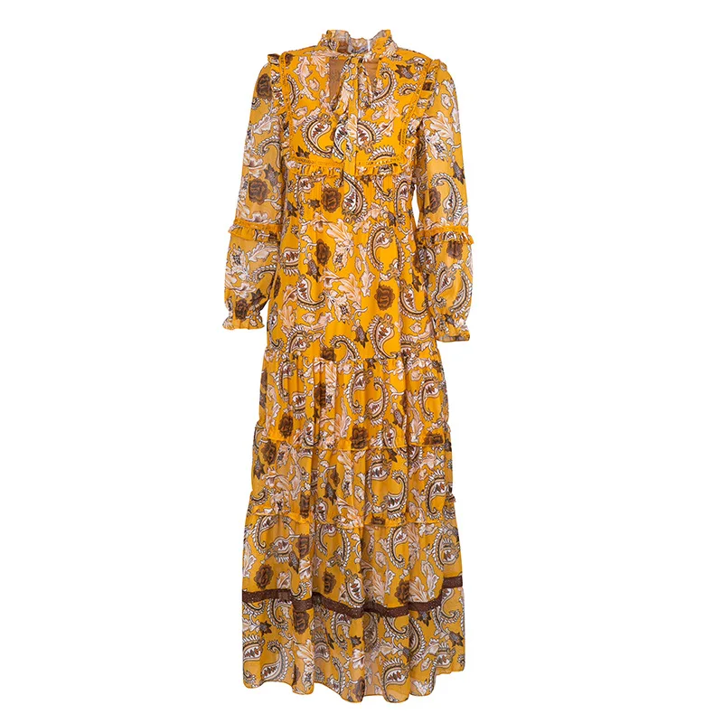 Новое Осеннее винтажное богемное шифоновое длинное платье с цветочным принтом, на шнуровке, с оборками, в стиле ретро, хиппи-шик, Vestidos