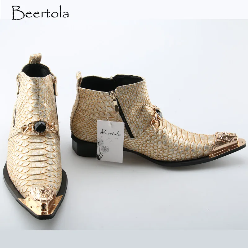 

Beertola Men's Boots Luxury Brand Gold Chain Dragon Head Men Boots Casual Zipper Snake-print Genuine Leather Zapatos Hombre