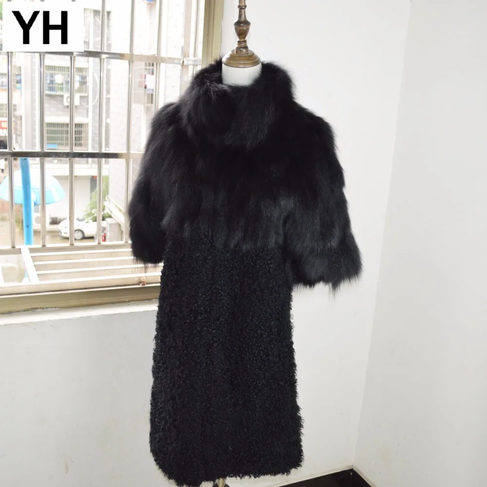 New Women Winter Warm Real Fox Fur Long Coat 100% Real Fox Full Fur And Real Sheep Fur Jacket Elegant Fur Coats Trench Overcoat