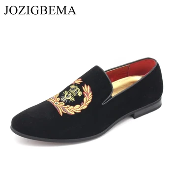 

JOZIGBEMA Embroidery Velvet Leather Shoes Fashion Flats Men's Designer Dress Shoes Smoking Slipper Men Flats Wedding Party Shoe