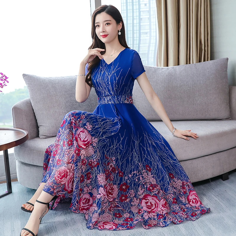 

High Quality Bohemian Style 2019 Summer New Arrival V Collar Short Sleeve Flower Printed Woman Chiffon Long Dress