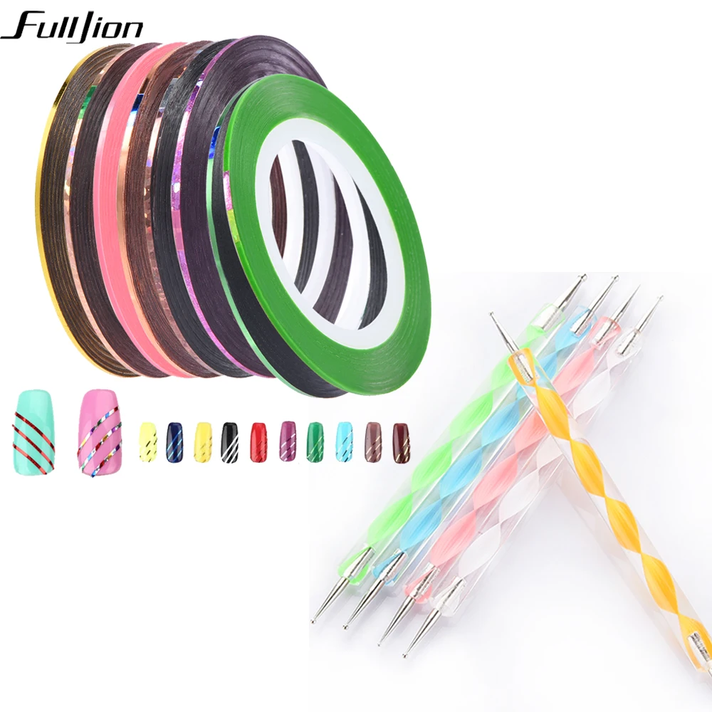 

Fulljion 5pcs/set dotting pen marbleizing painting Manicure tool + 10pcs Mixed Colors Rolls Striping Tape Line DIY nail art set