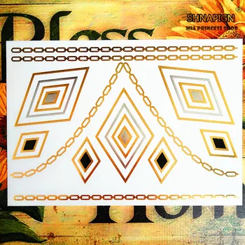 

SHNAPIGN 25 style Temporary Tattoo Body Art, Rhombus Golden Designs, Flash Tattoo Sticker Keep 3-5 days Waterproof 21*15cm