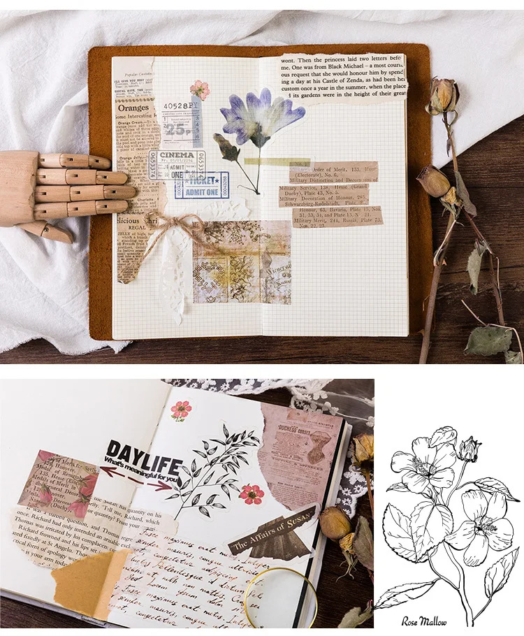 Retro Flower Background Sticker Material Daily Planner Bullet Journal Decoration Vintage DIY Crafts/Gift School Supplies Sticky