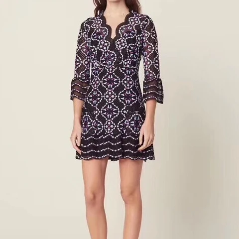 

women lace embroidery dress 2019 spring new arrival V neck seventh sleeve flower embroidery women hollow out lace dress