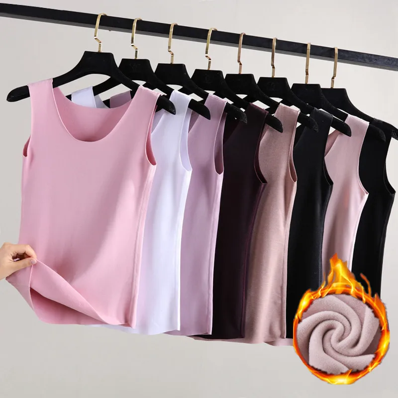 

Women Winter Warm Thin Velvet Thermal Tank Camis Vest Lady Seamless Plus Size Elastic Sleeveless Tops Tees T-Shirts Streetwear