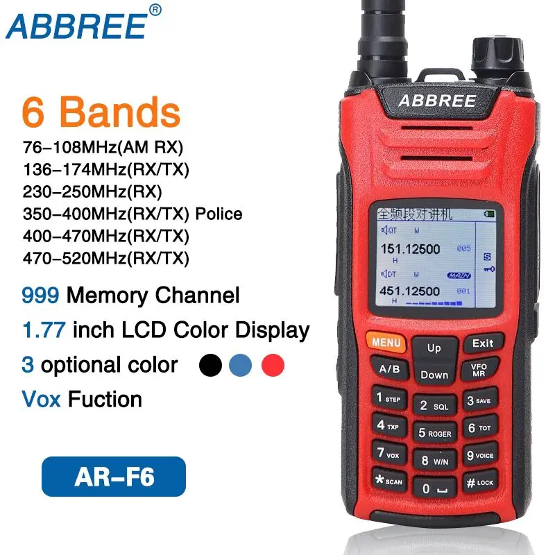 ABBREE AR-F6, 6 диапазонов, двойной дисплей, двойной режим ожидания, 999CH, многофункциональный VOX DTMF SOS, цветной ЖК-дисплей, рация, радиоприемник - Цвет: Красный