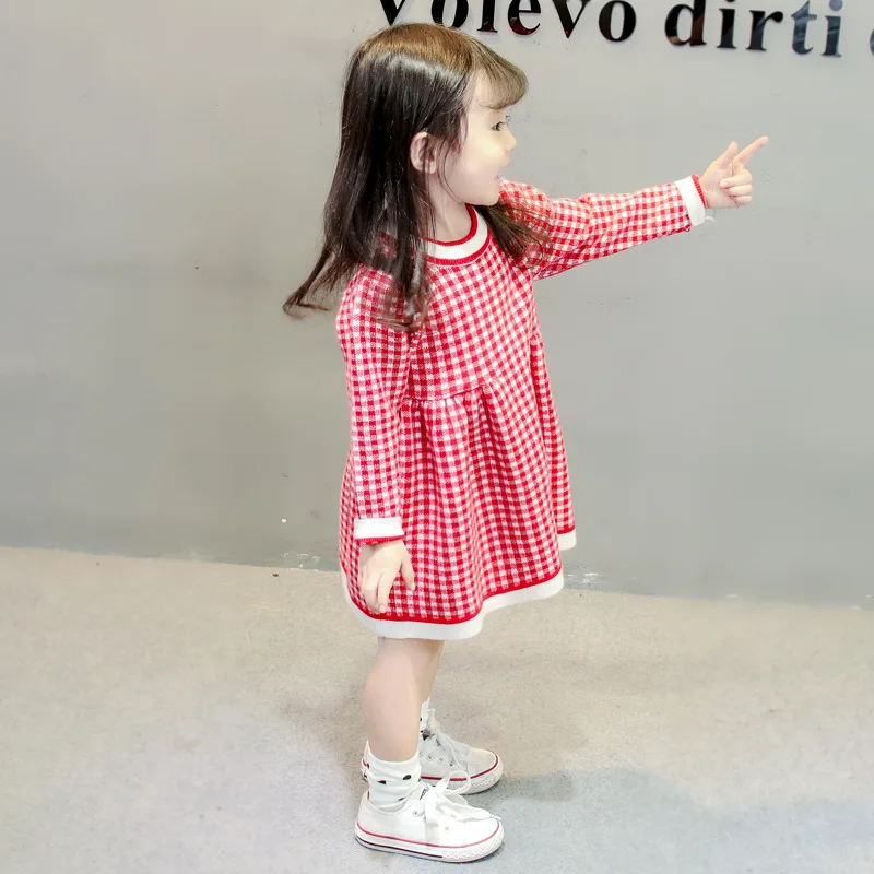 Платье-Свитер для маленьких девочек; модное зимнее платье для маленьких девочек; клетчатое Красное и черное платье-свитер принцессы; детская одежда