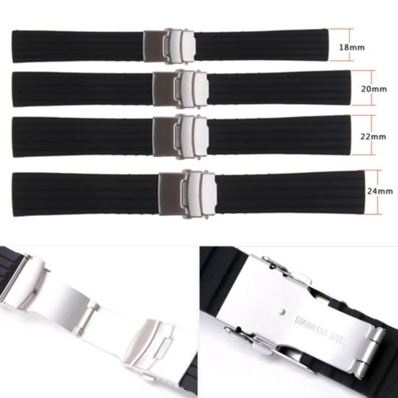 20mm 22mm reloj hombre Silicone Rubber Watch Strap Deployment Buckle Waterproof Band Sport Wrist Sweatband Watch Straps Band