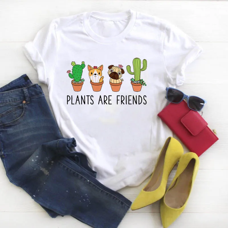 

Women Shirt Womens Cactus plants are friends Kawaii TeesTop Clothes Ladies Short Sleeve Graphic Printed Tshirt Female T-shirt