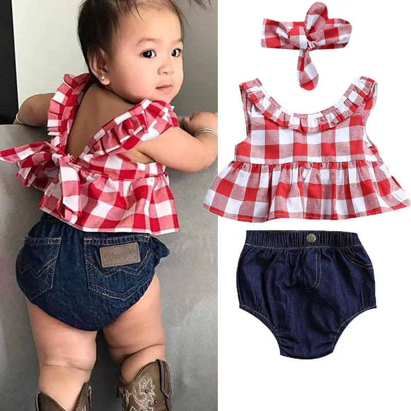 

3Pcs Set Newborn Baby Girls Kids Clothes Tutu Romper Tops Denim Pants Outfits