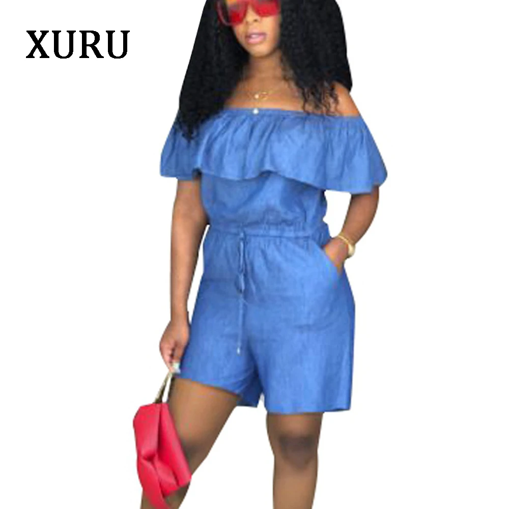 off the shoulder denim romper