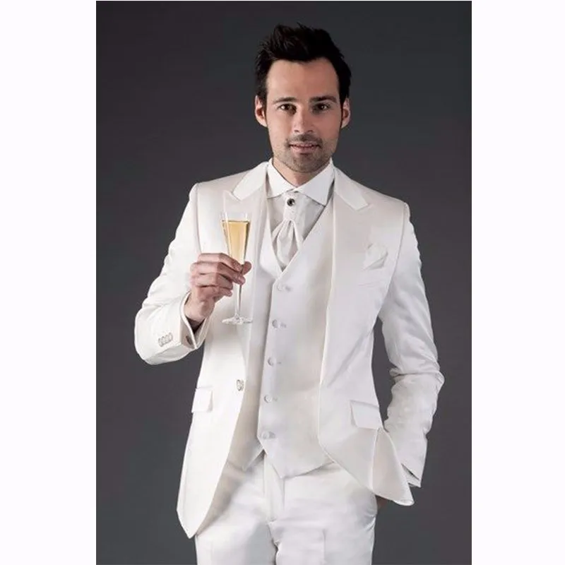 

costume homme One Button men suit Ivory Groom Tuxedos Groomsmen Men's Wedding Prom Suits Bridegroom (Jacket+Pants+Vest+Tie) 2017