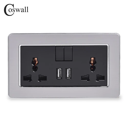 COSWALL 2 банды 13A универсальная Коммутируемая розетка двойной USB порт зарядки выход 2.1A настенная розетка из нержавеющей стали матовая панель - Тип: Black