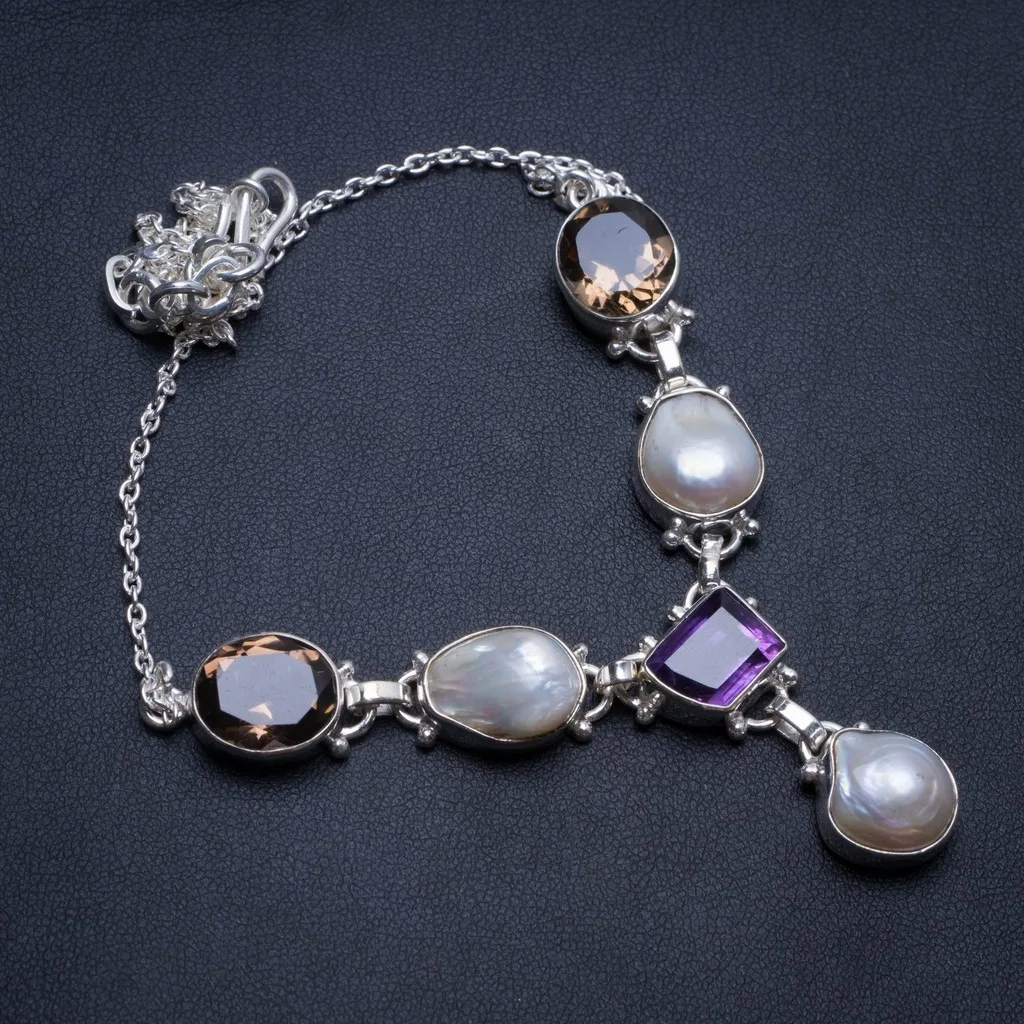 

Natural Biwa Pearl,Amethyst and Smoky Quartz Handmade Indian 925 Sterling Silver Y Necklace 18" T8702