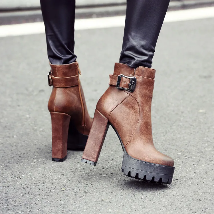 

Womens Block Heels Platform Side Zip Buckle Party Shoes Ankle Boots Super High 13CM Punk 4Colors Plus Size Belt Buckle A329