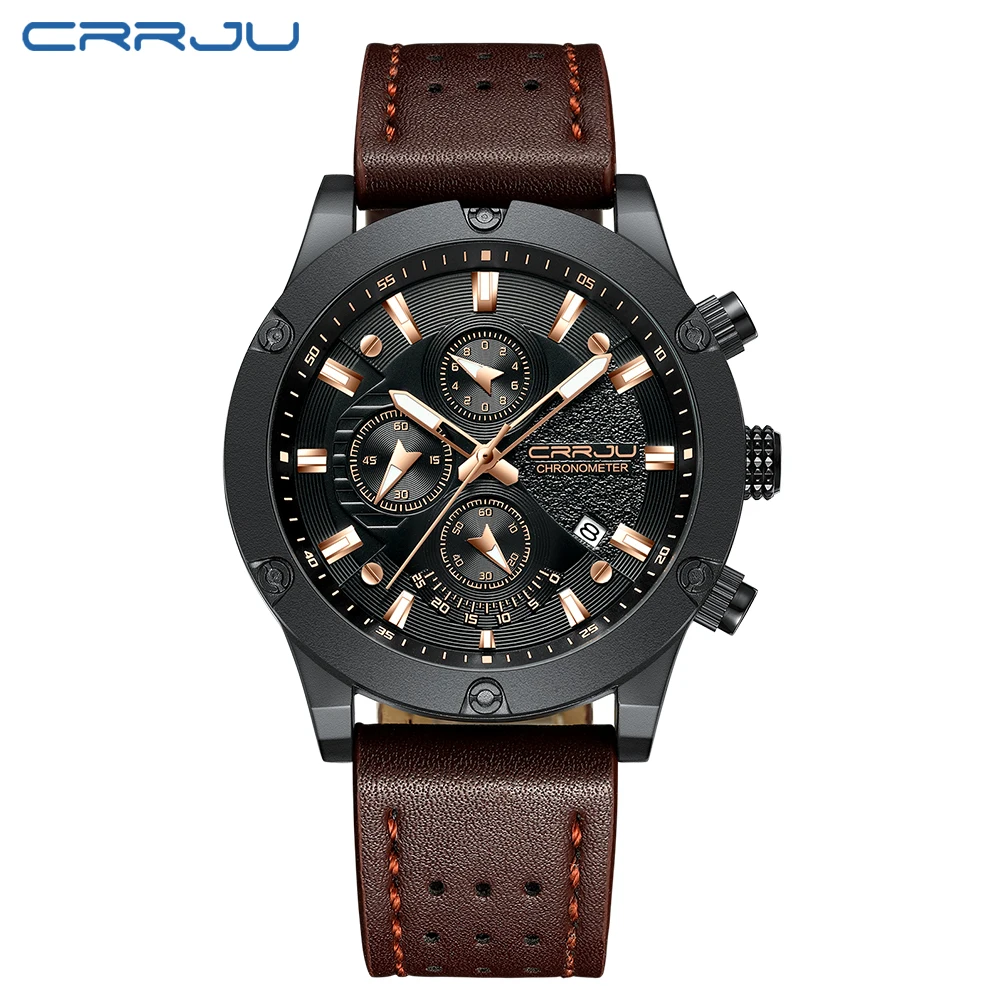 

CRRJU Luxury Brand Men Watch Men Sports Quartz Casual Watches Leather Automatic Date Chronograph Waterproof Clock