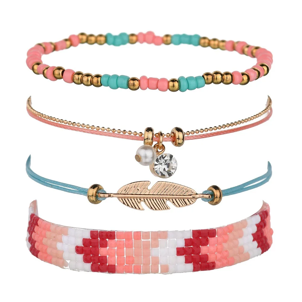 

ZHIMO 4pcs/Set Bohemia Pink Beads Bracelet Set For Women Natural Stone Crystal Leaf Pendant Bangles Bracelet Femme Jewelry