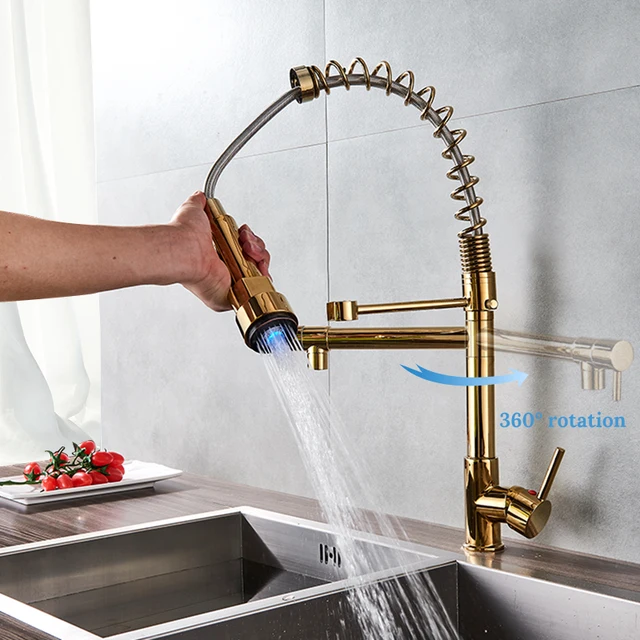 Cheap Uythner Modern Luxury Brass Gold Kitchen Faucet Rotatable Mixer Tap with LED Single Sharp Handle Single Hole Hot&Cold Water