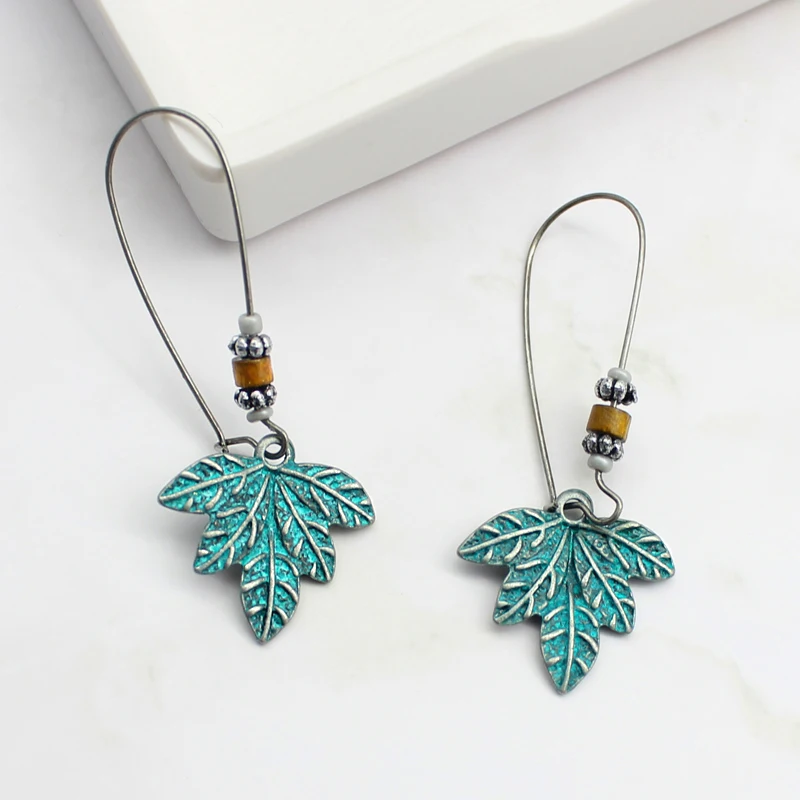 

bronze Imitation Leaves shape Design pendant earrings String wood beads Personality retro Bohemia earrings Send friend gifts