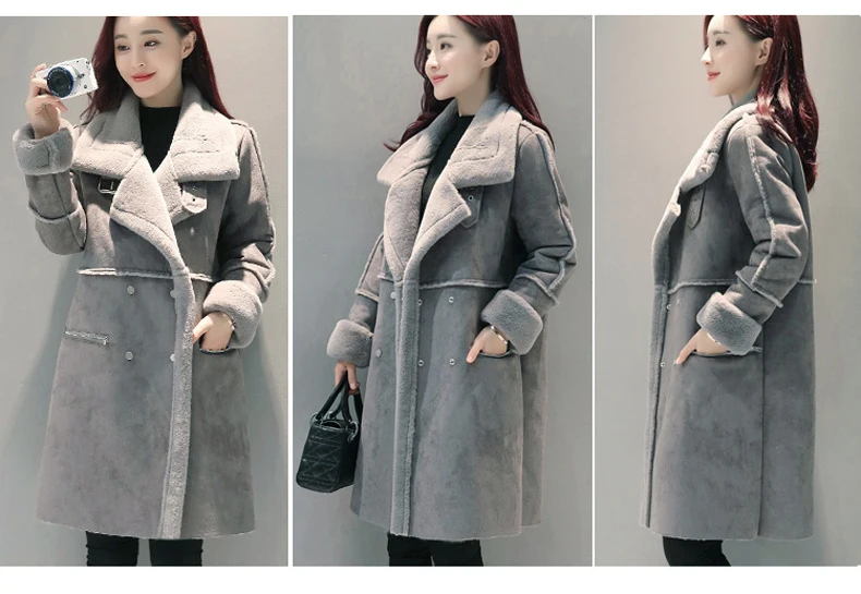 Зимние Для женщин искусственная овечья шерсть, женская верхняя одежда, джинсовая куртка, длинная уплотненная из овечьей шерсти пальто двубортное пальто из искусственной замши Кожаные куртки H161