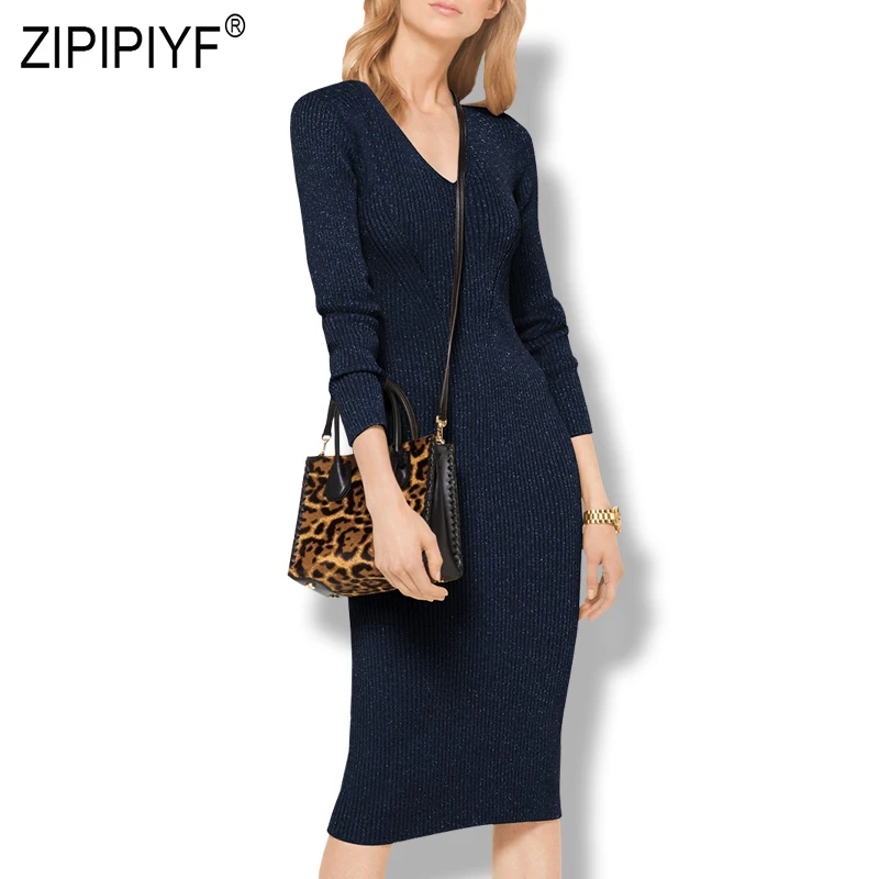

2019 Spring Fashion Women Dresses V Neck Long Sleeve Body-con Sweater Dresses Casual Street Elegant Dark Blue Dresses Z228