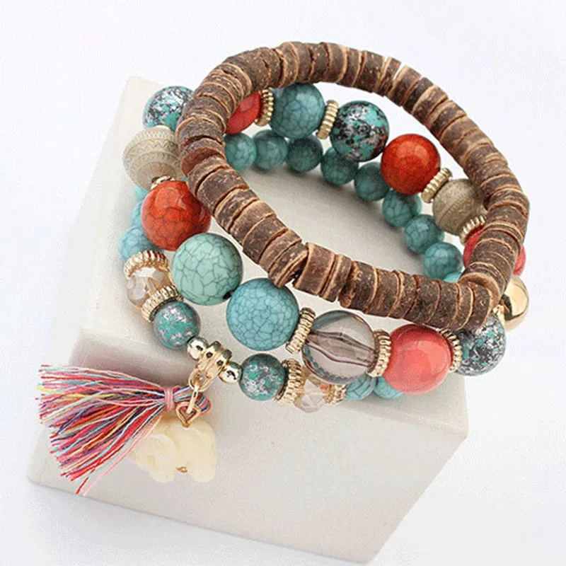 Wooden Beads Bracelets For Women Bohemia Elephant Tassel Charm