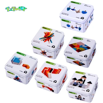 

Wooden magic cube puzzle building block Domino in Iron box Educational baby for Travel Children toy story toy