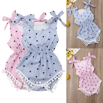 

Choose sizes Baby Girls Cotton Star print Pom Pom Rompers children clothes 4pcs/lot