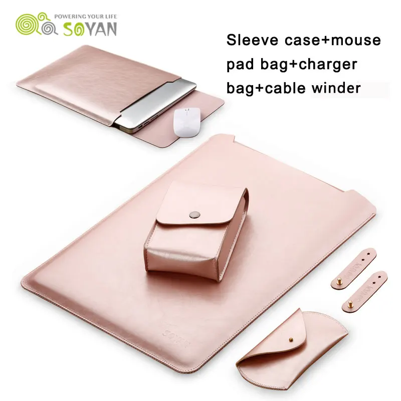 Laptop Sleeve Case Pouch Charger Bag Mouse Case 3pcs Cable Winder Leather Cover for Macbook Air 13 11 Pro 13 15 inch Macbook 12