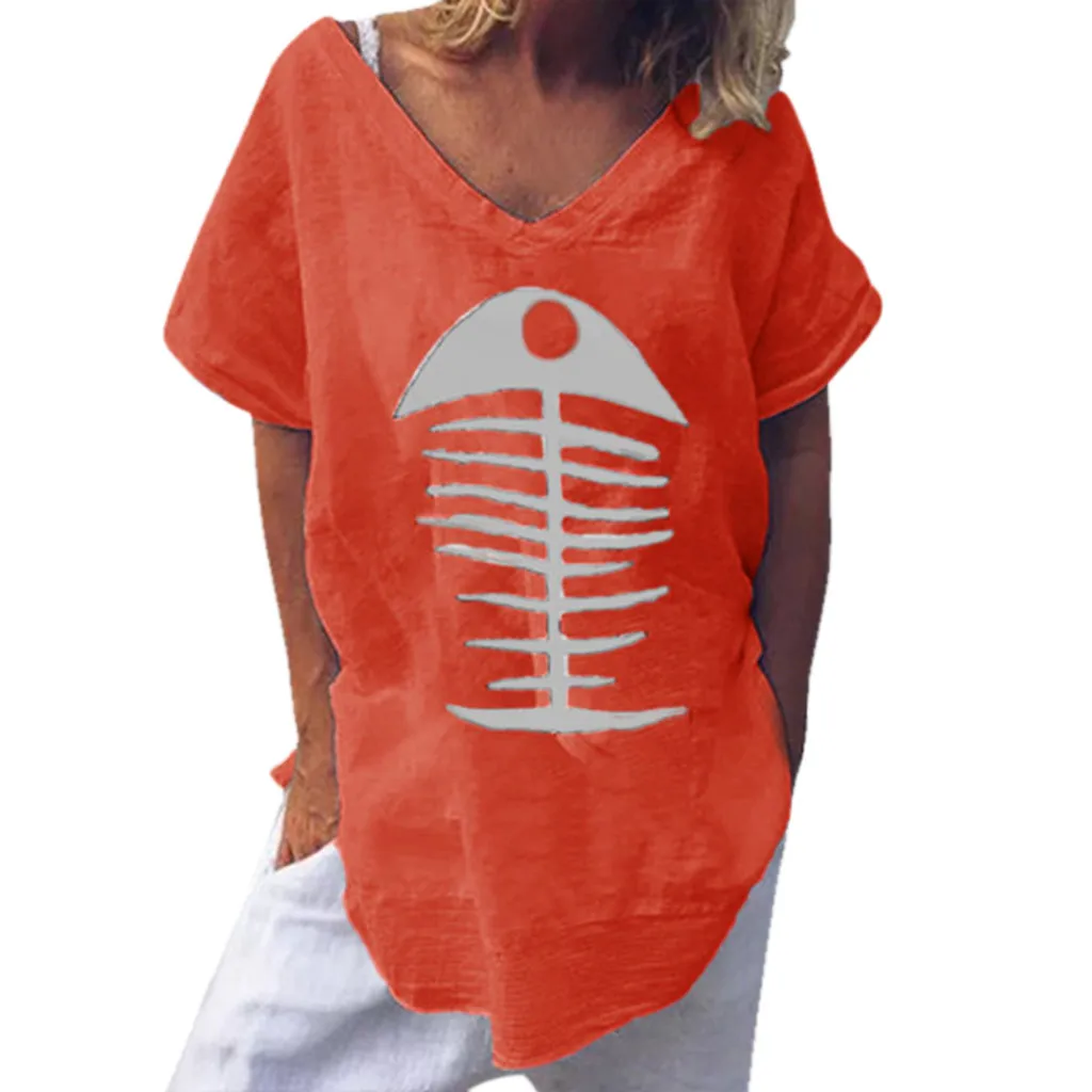 

feitong Women Casual Blouse Fish Bone Print Loose Short Sleeve Linen Shirt Funny Tops fashion woman blouses 2019 blusas mujer