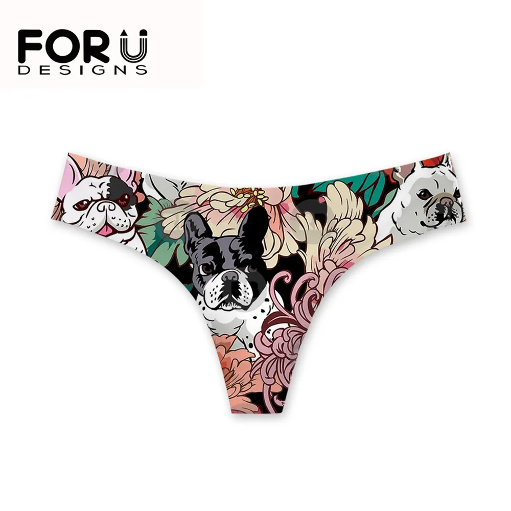 

FORUDESIGNS Cartoon French Bulldog Printing Women Underwear Panties Low Waist Spandex Elastic G Strings Thongs Traceless Briefs