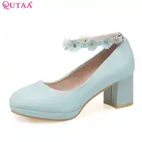 QUTAA 2020 Women Pumps Pink Solid Fashion Round Toe Square High Heel Cute Casual Pu Leather Fashion Girl Pumps Szie 33-43