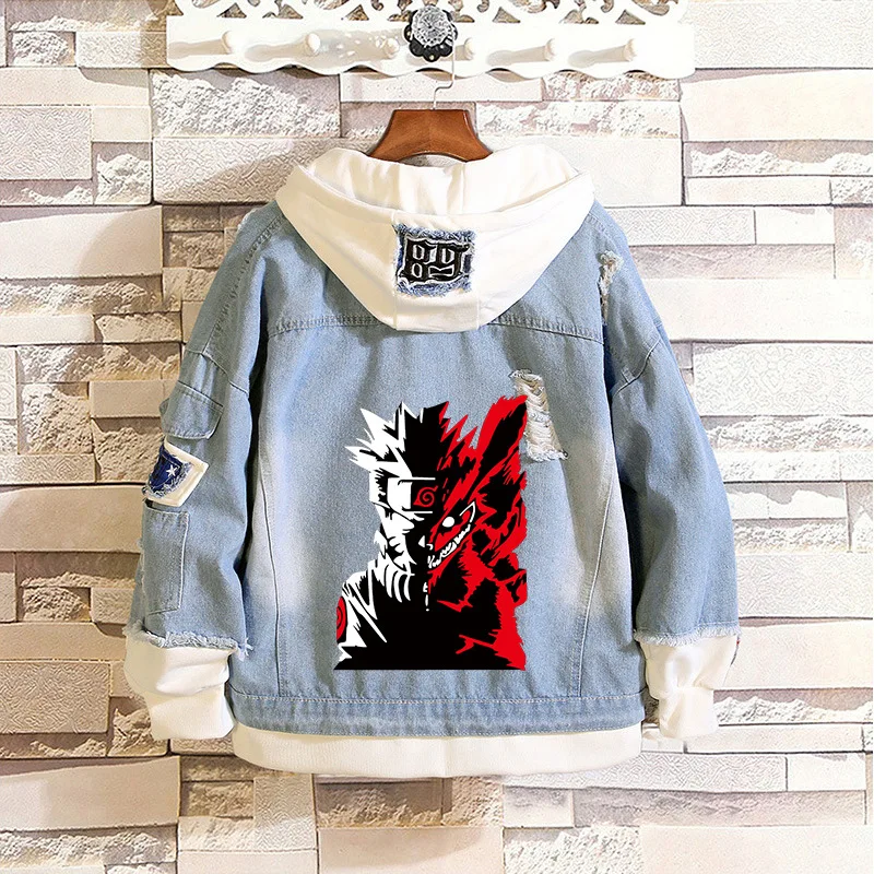 

Fashion Anime Hokage Uzumaki Nine-Tails Layered Denim Jackets Frayed Cosplay Hooded Jean Jacket Patchwork Cowboy Tops Loose Coat