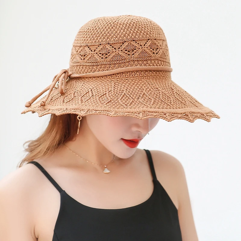 Летняя большая Солнцезащитная пляжная шляпа для путешествий, открытая вязаная шляпа, складной портативный пояс, Женская Рыбацкая шляпа