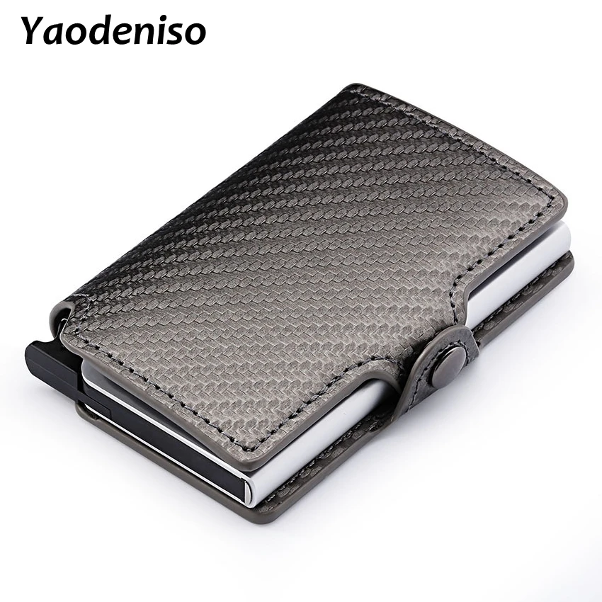 

Men Leather Aluminum Wallet With Back Pocket ID Card Holder RFID Blocking Mini Magic Wallet Automatic Pop Up Credit Card Coin