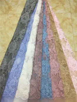 

New Arrival African Tulle Lace Fabrics High Quality 2019 Sky blue gold Lace Fabric With Sequins For Fashion Nigerian Lace Dress
