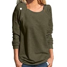 Preself Blouses Holes Patchwork O Neck Zipper Long Sleeve Sweatshirt Shirt Tops Women Fashion Gray Black Army Green Solid Color