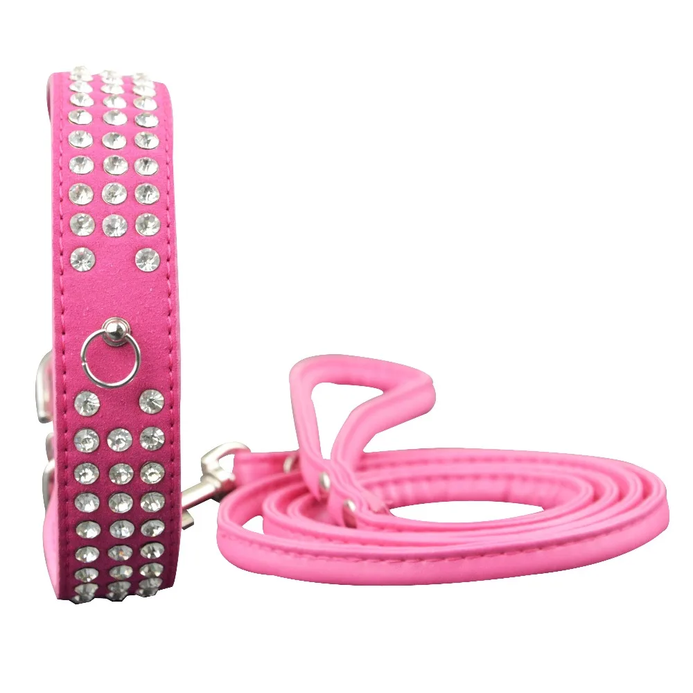 Fashion Soft Suede 3 Rows Rhinestone Dog Collar and Matched Pet Leashes