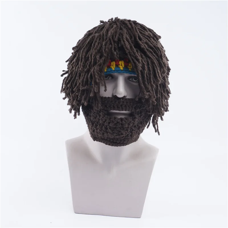 Wig Beard Hat  Caveman Bandana Handmade Crocheted Winter Men's Halloween Costume Funny Birthday Gifts