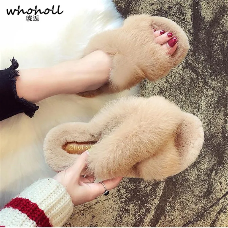 

WHOHOLL Faux Fur Slippers for Woman Ladies Plush Indoor Women Winter Home Slippers Warm Non-slip Flat Flock Home Soft Shoes