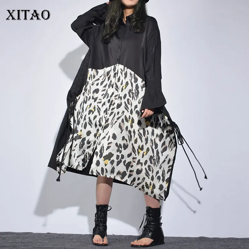 

[XITAO] Big Size Female Patchwork Dress Spring Korea Fashion New Full Sleeve Leopard Pulling Rope Single Breasted Dress ZLL3140