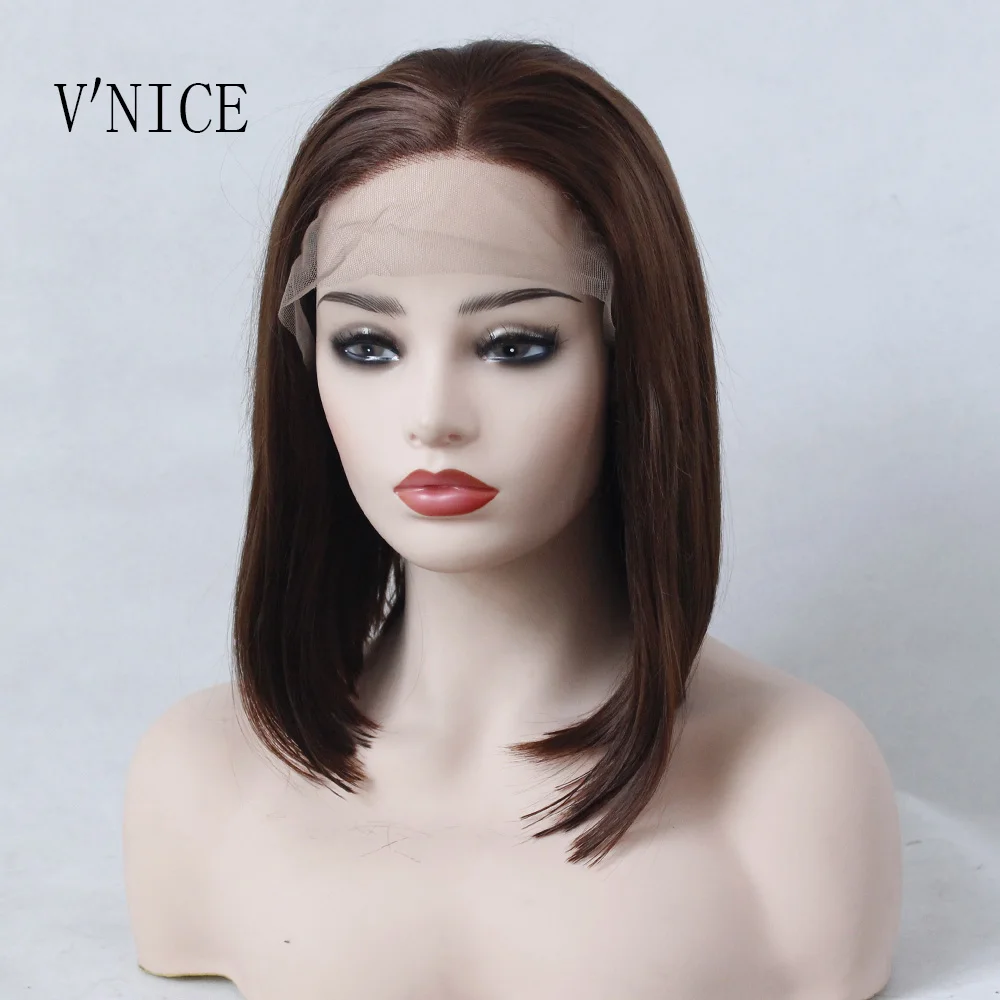 V'NICE Middle Part Bob Wig Hand Tied Brown Color Straight Heat
