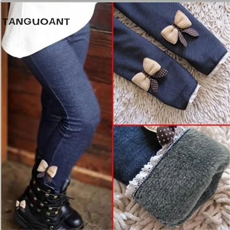 

New 2018 girls bow jeans cotton children cashmere pants kids warm elastic waist legging wholesale and retail