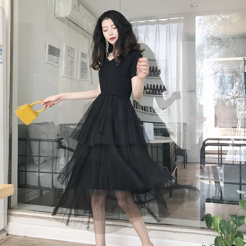 sweet chic Women's Clothing black long dress summer preppy style Female