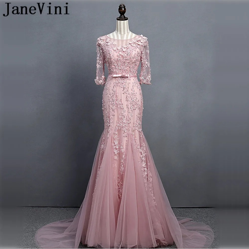 

JaneVini Luxury Beaded Flowers Half Sleeve Bridesmaid Dresses Long Mermaid Women Wedding Party Dress for Prom Lace Sweep Train