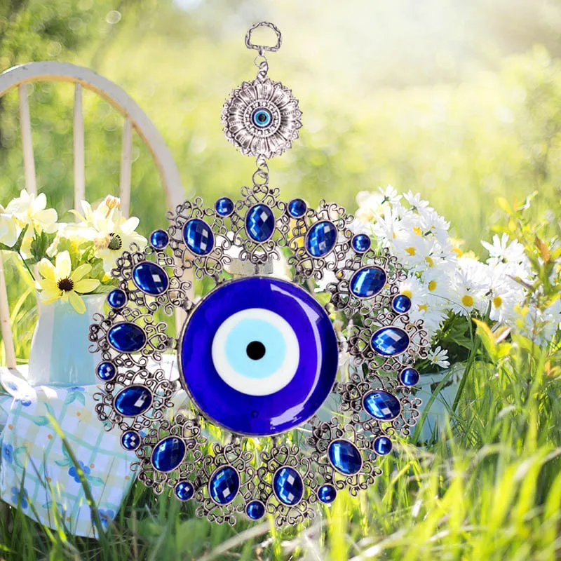 1 x Wall Hanging Turkish Blue Evil Eye Flower Hamsa Amulet Decor Protection