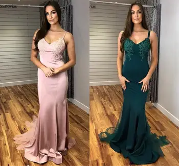 

Mermaid Long Prom Dresses 2019 Spaghetti Strap Backless Sweep Train Lace Appliques Pink Evening Party Dresses Formal Gowns
