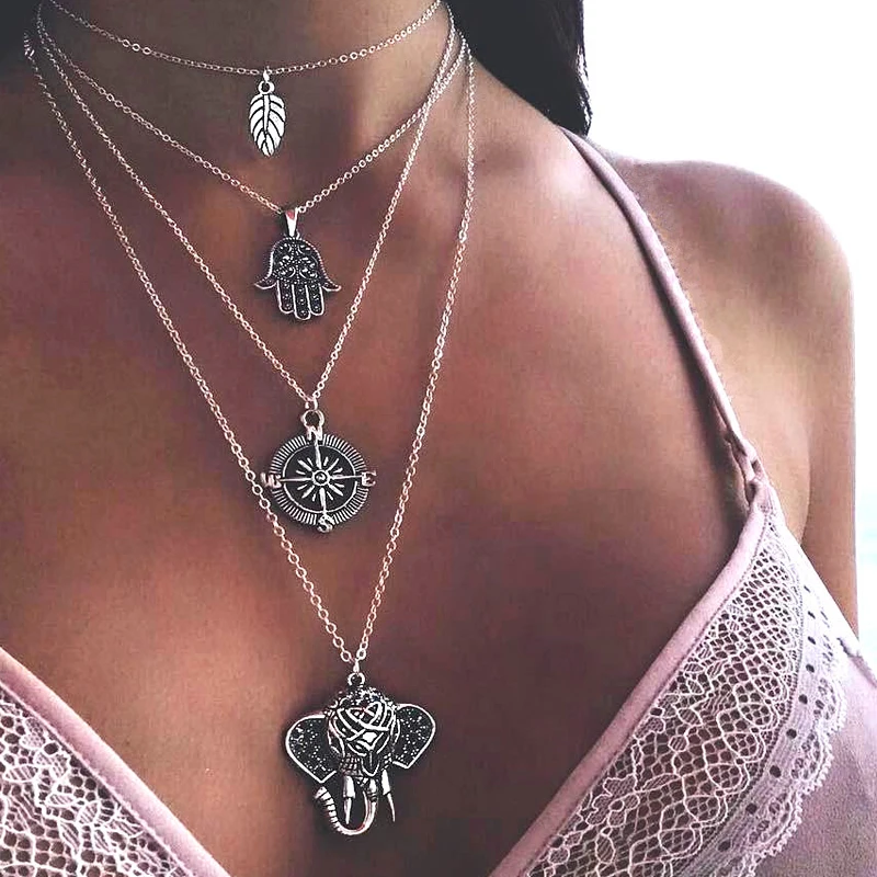 

Yumfeel Vintage Necklace Muti Layers Compass Palm Leaf Elephant Pendant Choker Necklace Summer Fashion Jewelry for Women Gifts