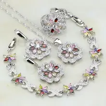 925 пробы Серебряные ювелирные изделия многоцветный Цирконий Белый CZ Ювелирные наборы для Для женщин Цепочки и ожерелья/серьги/браслет/кулон/кольцо